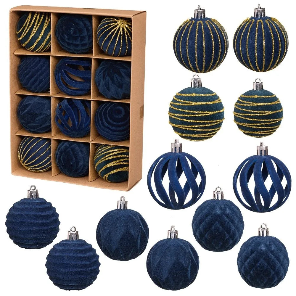 A set of twelve dark blue velvet Christmas hanging ornaments with gold trim, displayed in a cardboard box.