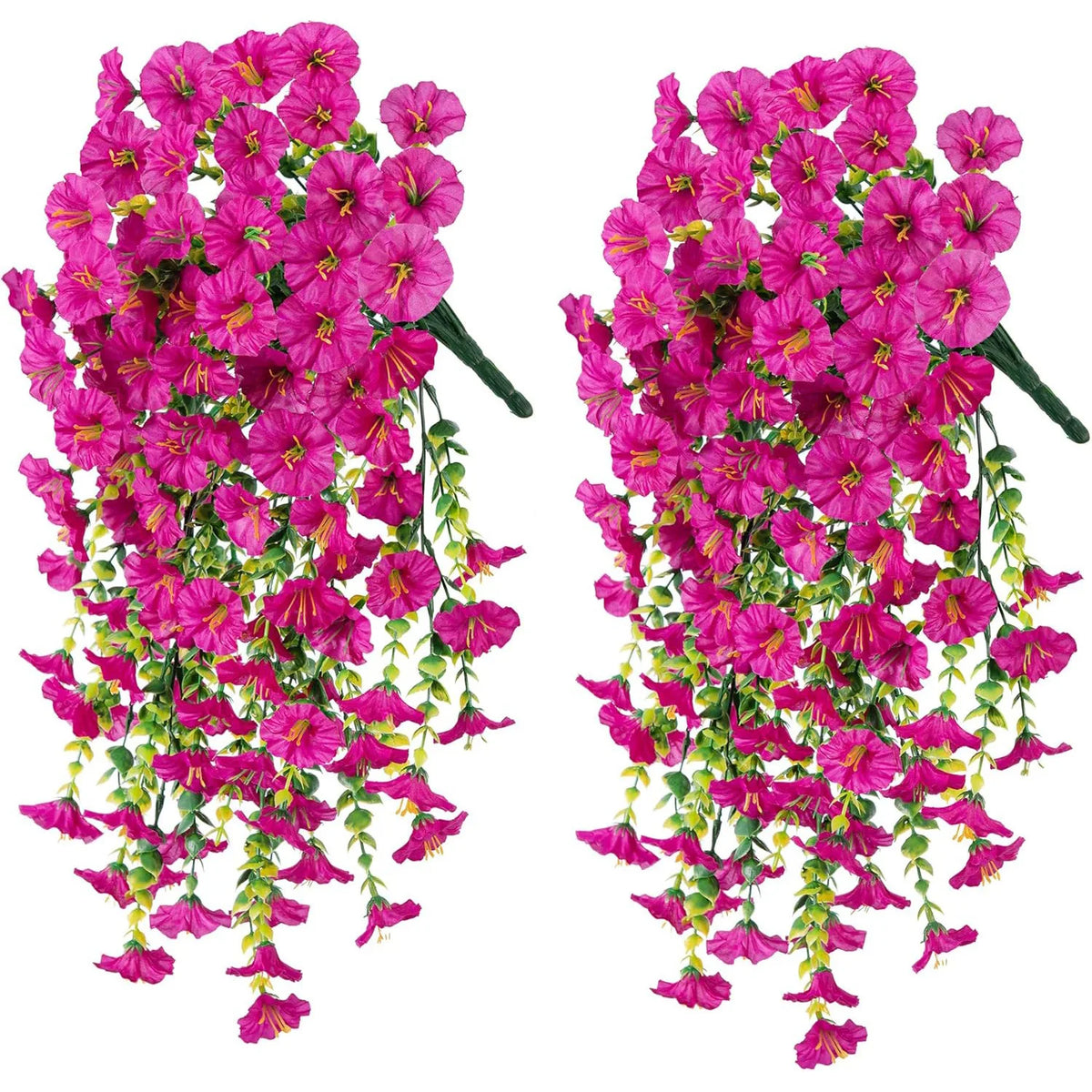 Two bunches of artificial pink morning glory flowers with green eucalyptus leaves used for hanging decor