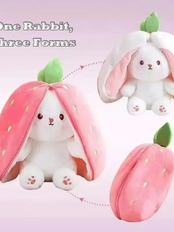 Three forms of a white rabbit plush, including a strawberry-shaped version.