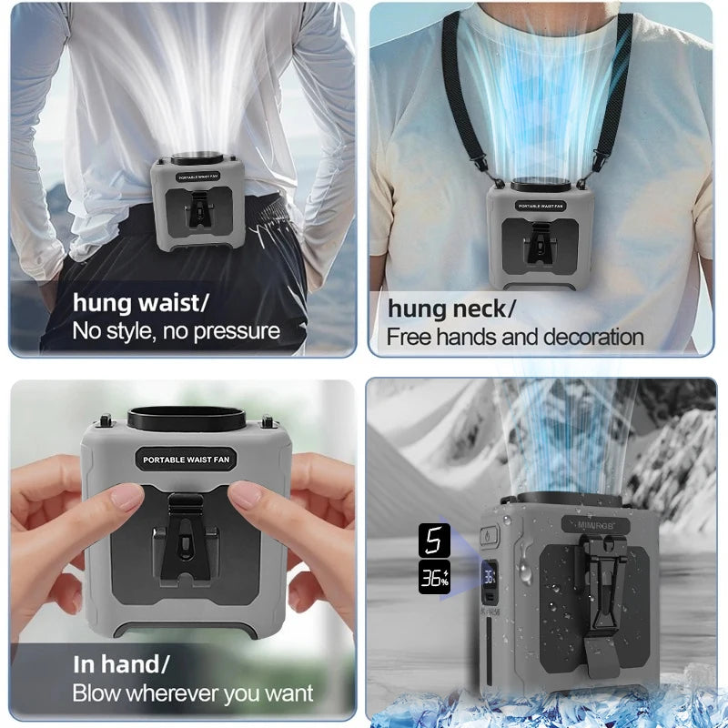 Portable neck and waist clip fan with built-in flashlight shown being used on a person's neck and waist.