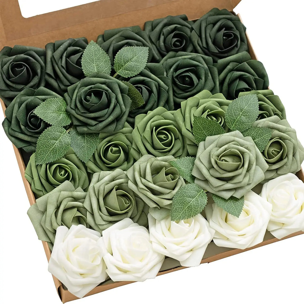 A box filled with artificial real touch foam roses in various shades of green and white.