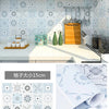 A close-up view of a waterproof oil-proof kitchen wall sticker featuring floral and geometric patterns in light blue and gray