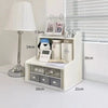 A white two-layer desktop organizer shelf featuring storage for small items and framed photos.