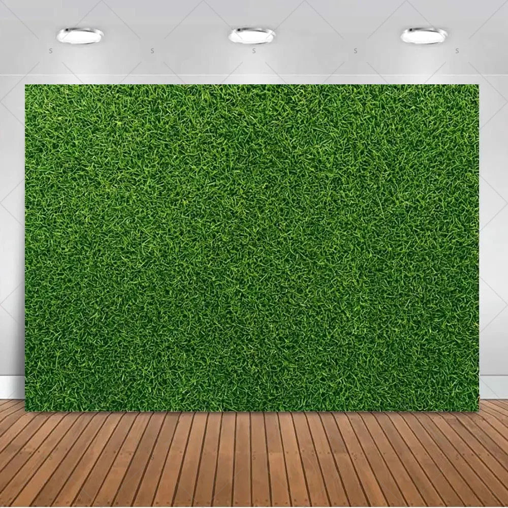 A vibrant green artificial grass backdrop used for party decor and photography.