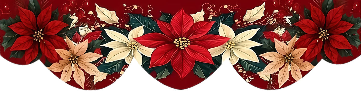 Festive Christmas fireplace scarf featuring a rich red and green print of pine leaves, berries, and floral elements.