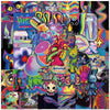 A vibrant collage of psychedelic art, featuring various stickers and graphic designs in neon colors.