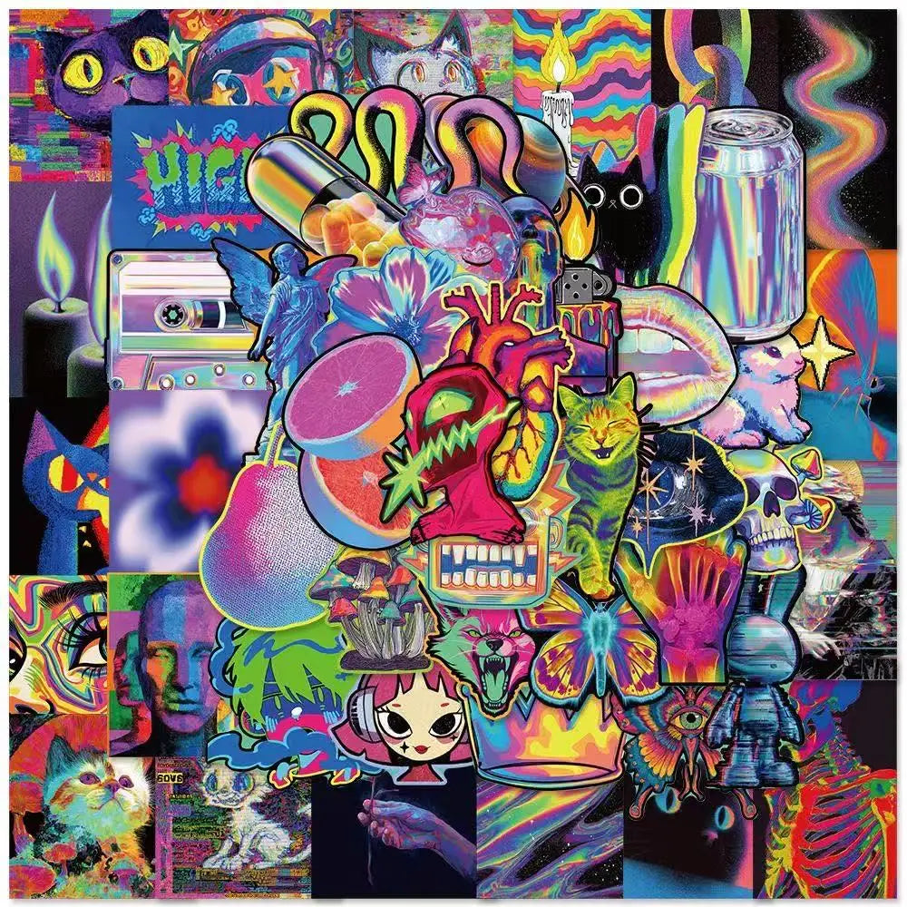 A vibrant collage of psychedelic art, featuring various stickers and graphic designs in neon colors.