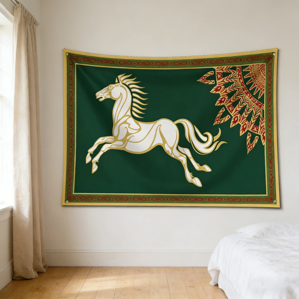 A tapestry wall hanging featuring a white horse silhouette on a dark green background with gold and red decorative borders.