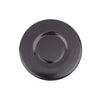 A round, dark, black gas stove burner cap or lid.