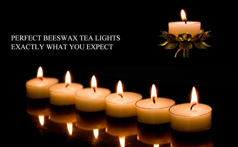 A row of glowing beeswax tealight candles casting warm light on a reflective surface.