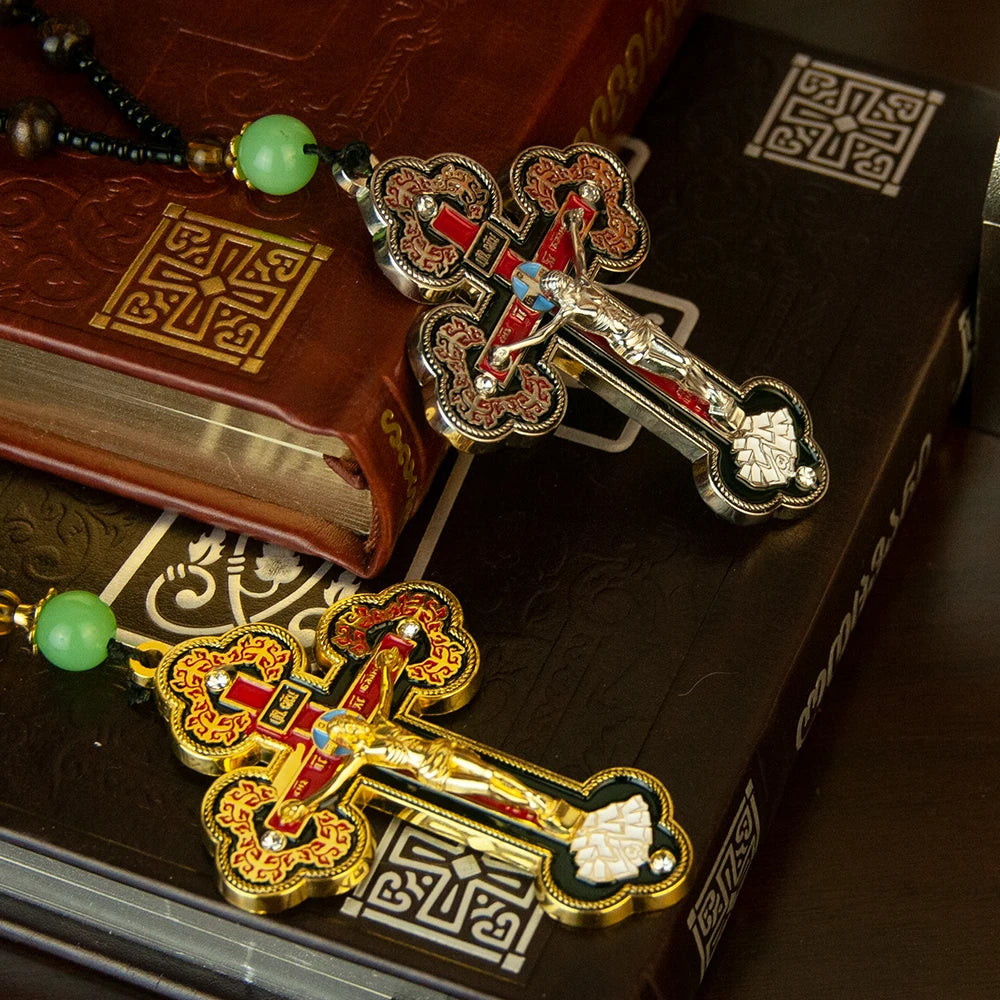 Orthodox Crucifix Cross Necklace with Rosary Beads