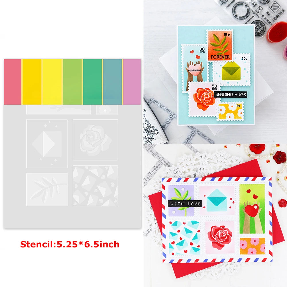 A set of floral love words stencils and stamps featuring leaves, roses, and hearts on a light blue background.