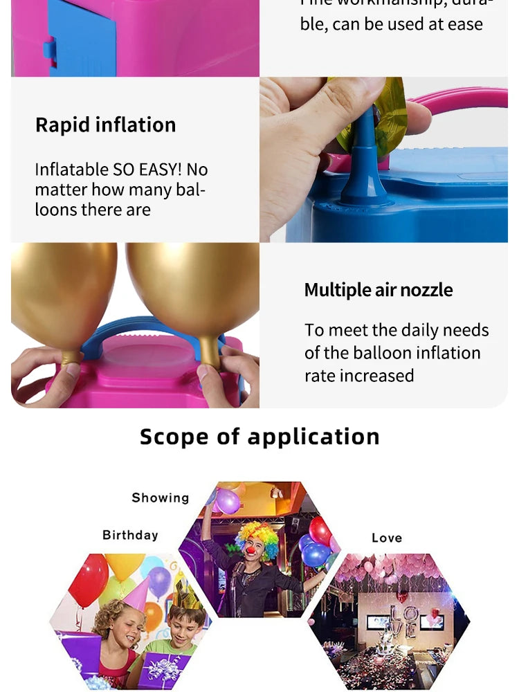 A pink electric balloon pump is shown with multiple air nozzles and used for various occasions like birthdays and love.