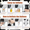 Instructions showing how to inflate and deflate a cow print number foil balloon