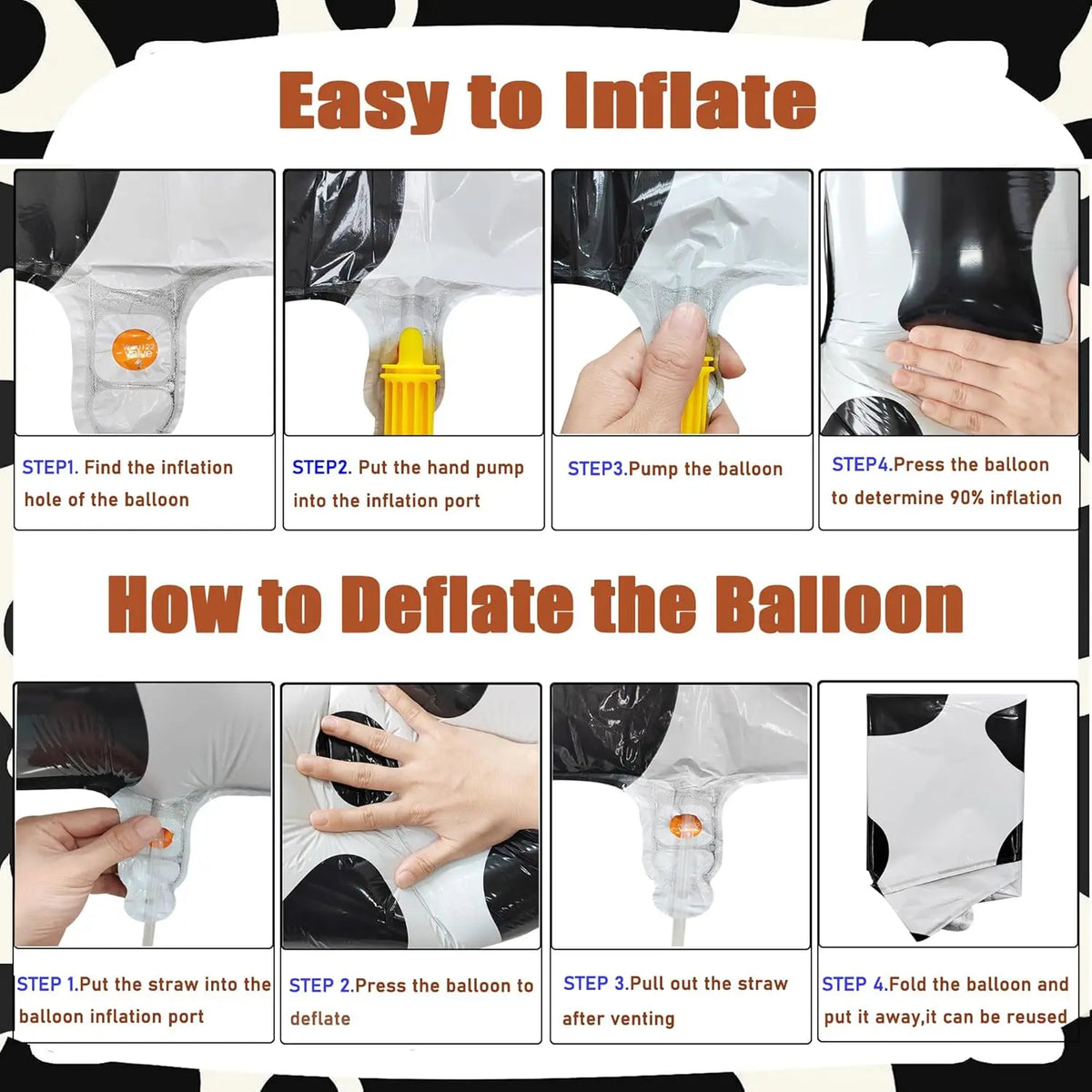 Instructions showing how to inflate and deflate a cow print number foil balloon