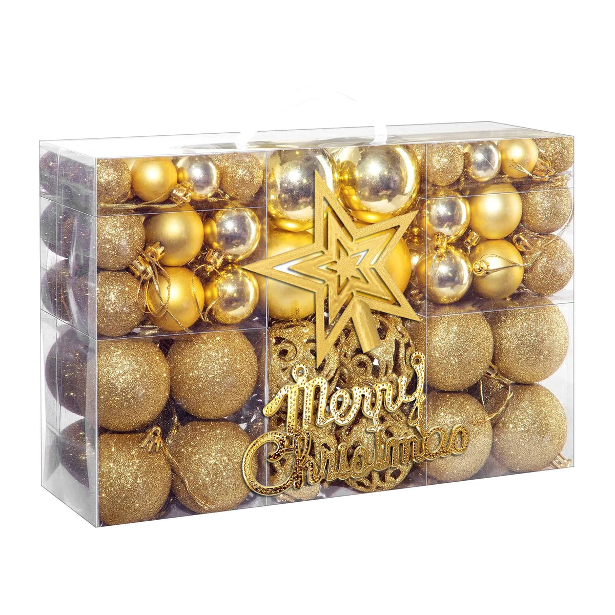 A clear box filled with a set of gold glitter Christmas ornaments and a star tree topper.
