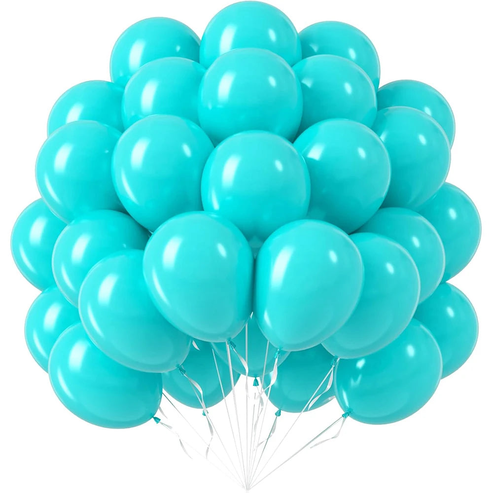 A bunch of light blue latex party balloons clustered together