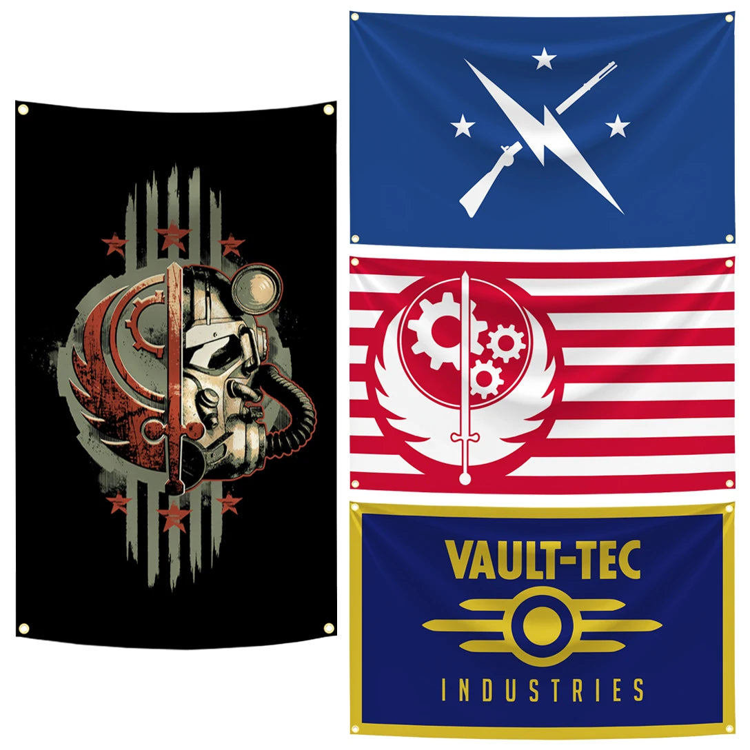 Un ensemble de trois drapeaux en tissu avec un casque métallique stylisé et un éclair sur fond sombre.
