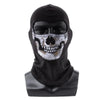 Black ice silk face mask with a white skull pattern worn on a mannequin.