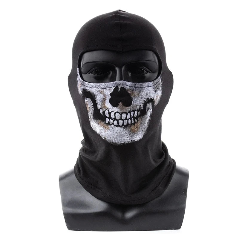Black ice silk face mask with a white skull pattern worn on a mannequin.