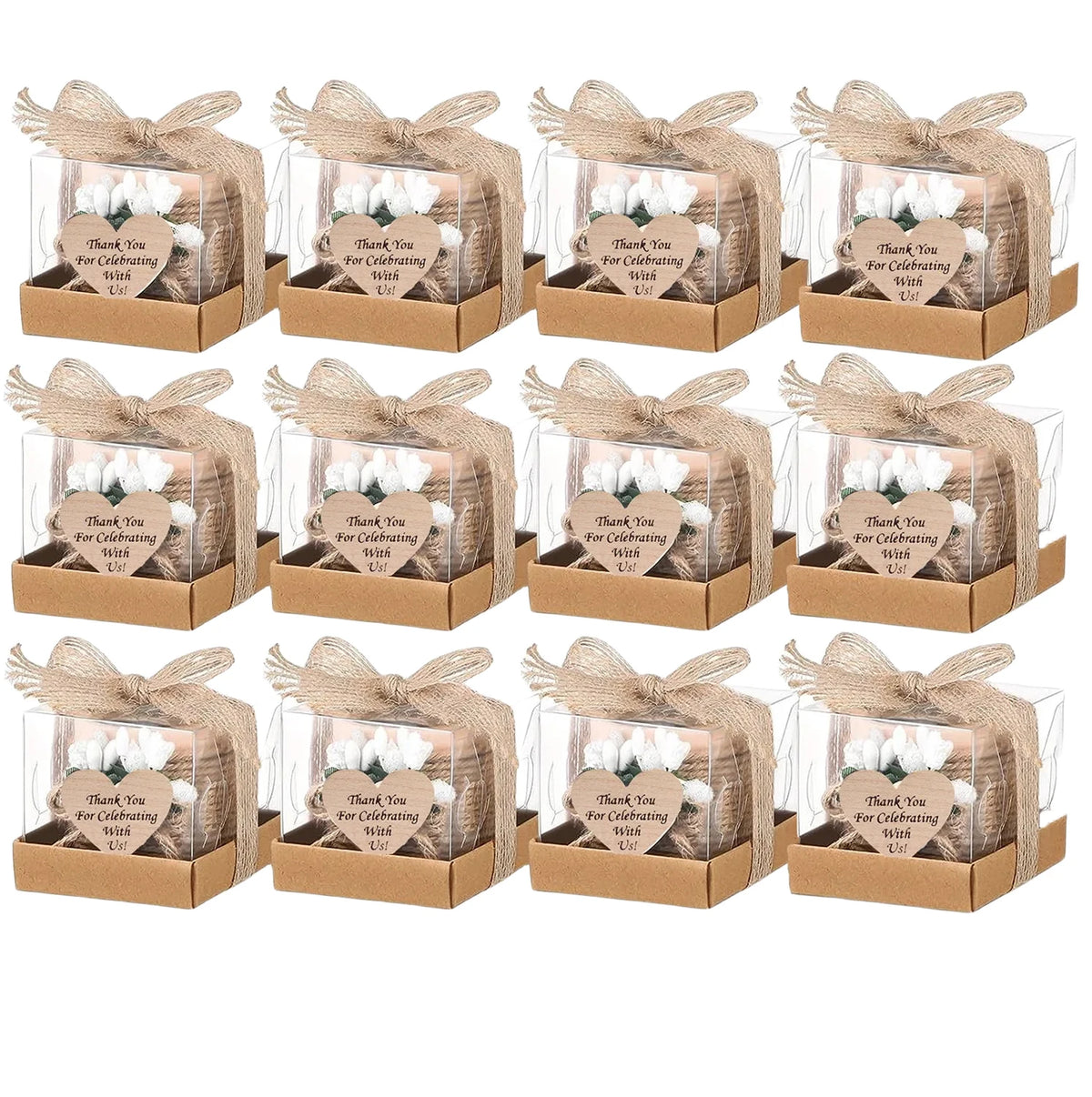 A set of handcrafted wooden tealight candle holders wrapped in natural twine for wedding favors and gifts.