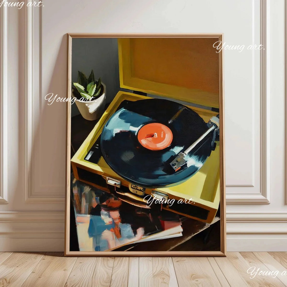 A framed canvas art print featuring a black vinyl record on a yellow background with a potted plant.