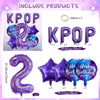 A set of purple foil number balloons including a 2 and the letters KPOP for a birthday celebration