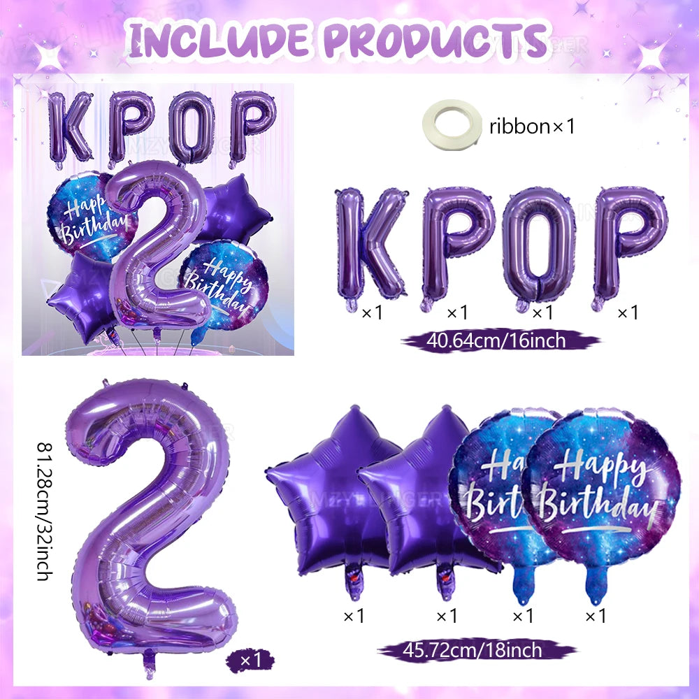 A set of purple foil number balloons including a 2 and the letters KPOP for a birthday celebration