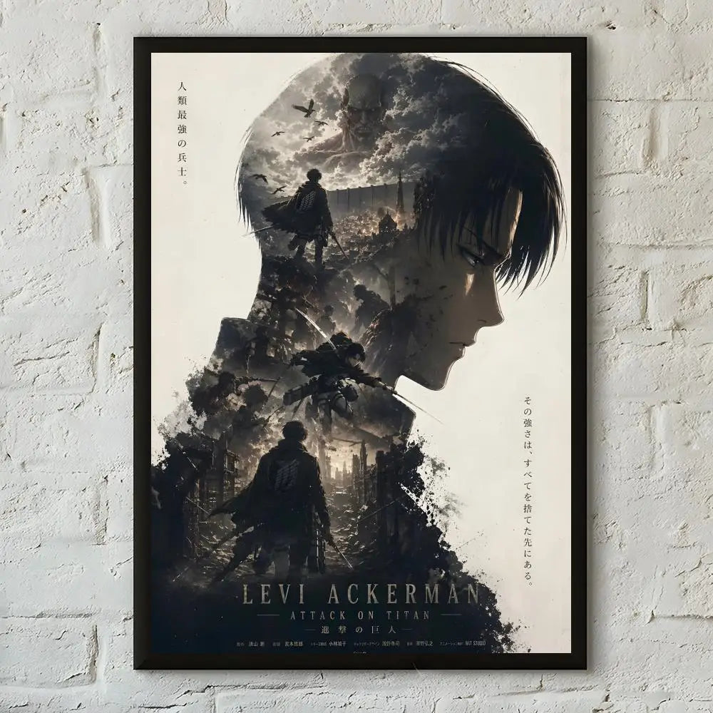 A black and white poster featuring a dramatic silhouette of a character against a dark, textured background.