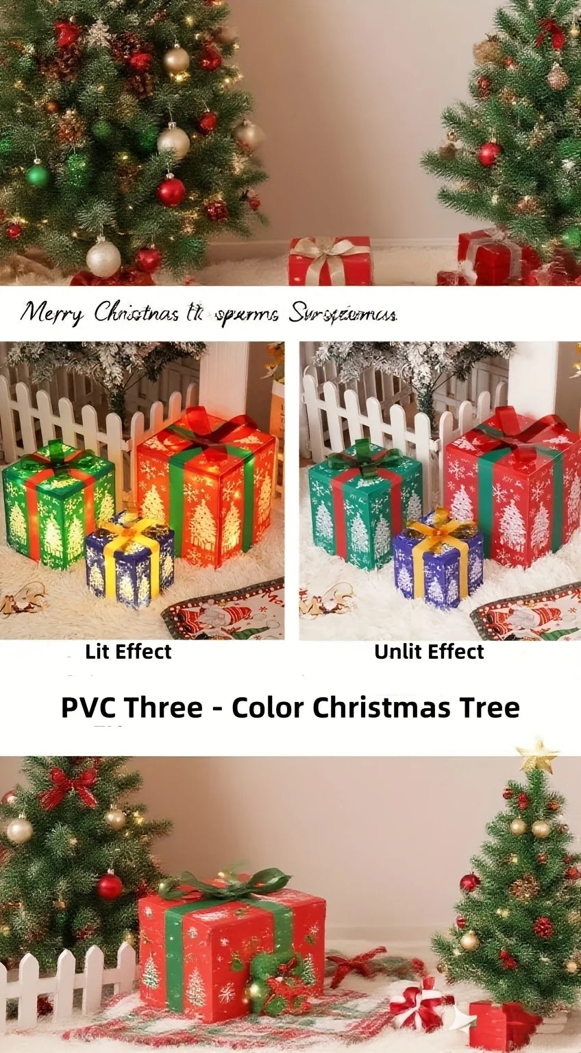 Set of three LED light-up Christmas gift boxes in red, green, and gold colors.