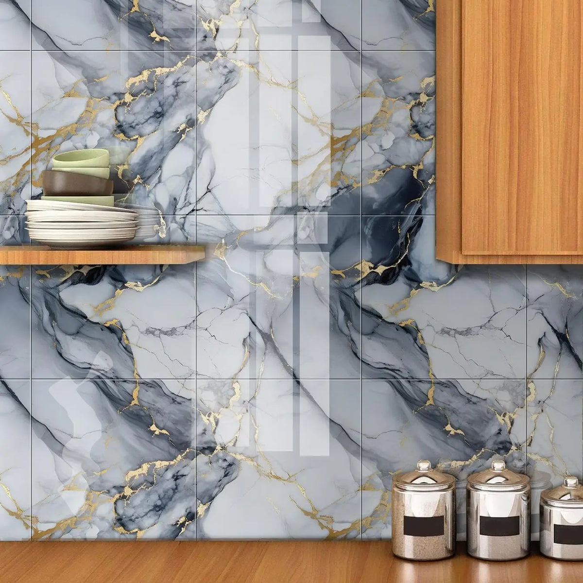 Marble peel-and-stick wall panels featuring gray marble with gold veining installed on a kitchen backsplash.