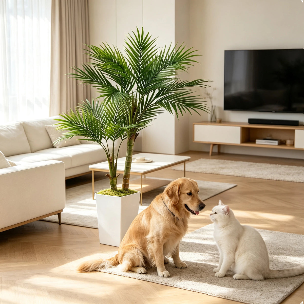 A golden retriever and a white cat sit on a rug in a bright living room with an artificial palm tree.