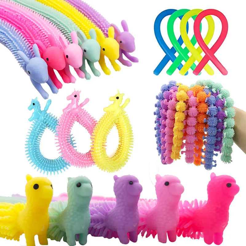 A colorful set of funny stretch sensory fidget toys featuring purple, pink, yellow, and blue animals.