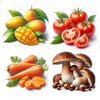 A collection of fresh vegetables like tomatoes, carrots, and a mango are displayed on a white background.