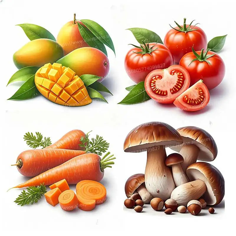 A collection of fresh vegetables like tomatoes, carrots, and a mango are displayed on a white background.