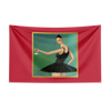 A red flag tapestry featuring a painting of a woman in a black dress holding a glass.
