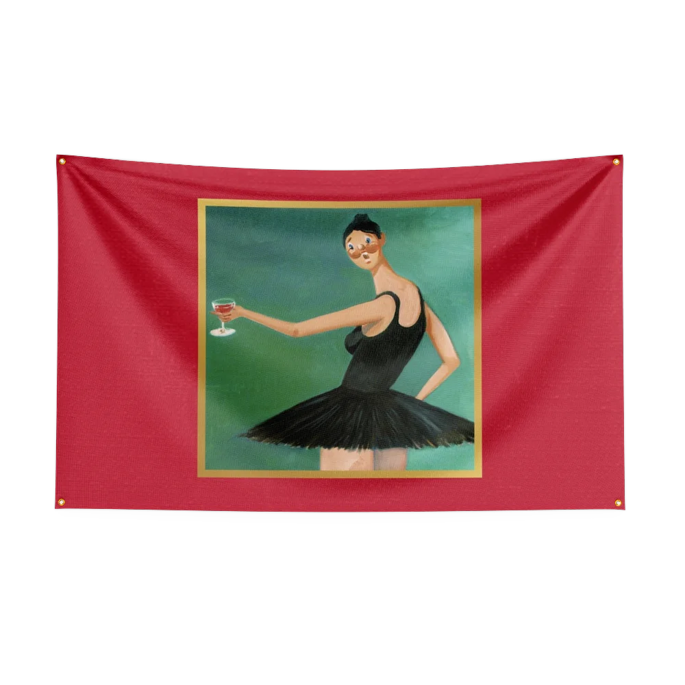 A red flag tapestry featuring a painting of a woman in a black dress holding a glass.