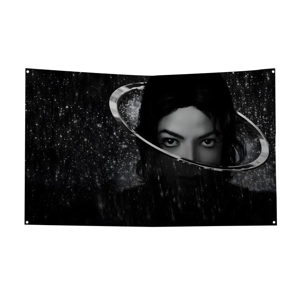 Black and white wall art featuring a silhouette of a person with a glowing ring against a starry background
