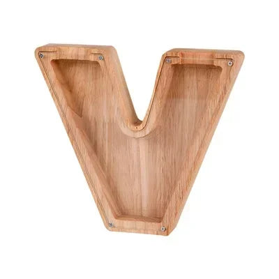 Wooden alphabet shaped piggy bank coin box for kids in light wood tone