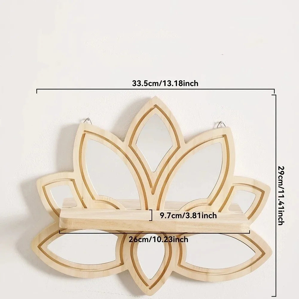A decorative wooden lotus floating shelf with a mirrored design and natural wood finish.