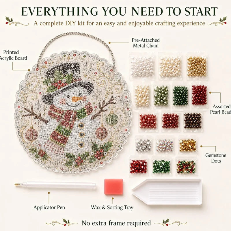 A DIY kit for diamond painting featuring a snowman design, including acrylic board, beads, and an applicator pen.