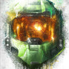 A stylized green helmet of Master Chief glowing with orange light and dripping paint on a textured background.