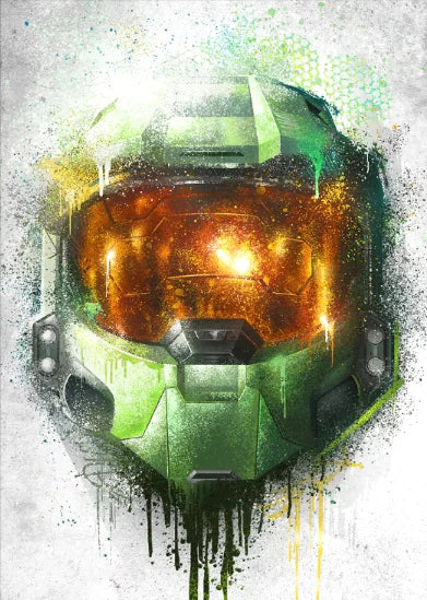 A stylized green helmet of Master Chief glowing with orange light and dripping paint on a textured background.