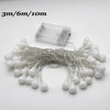 A bundle of white globe string lights with thin wires and a clear battery pack.