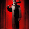 A stylized figure resembling a clown or monster wielding a large knife against a red background.