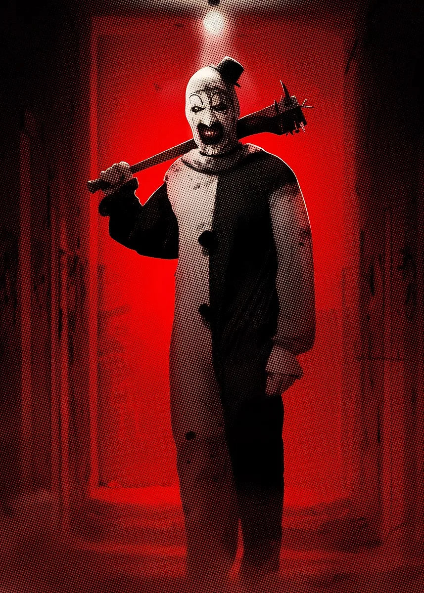 A stylized figure resembling a clown or monster wielding a large knife against a red background.