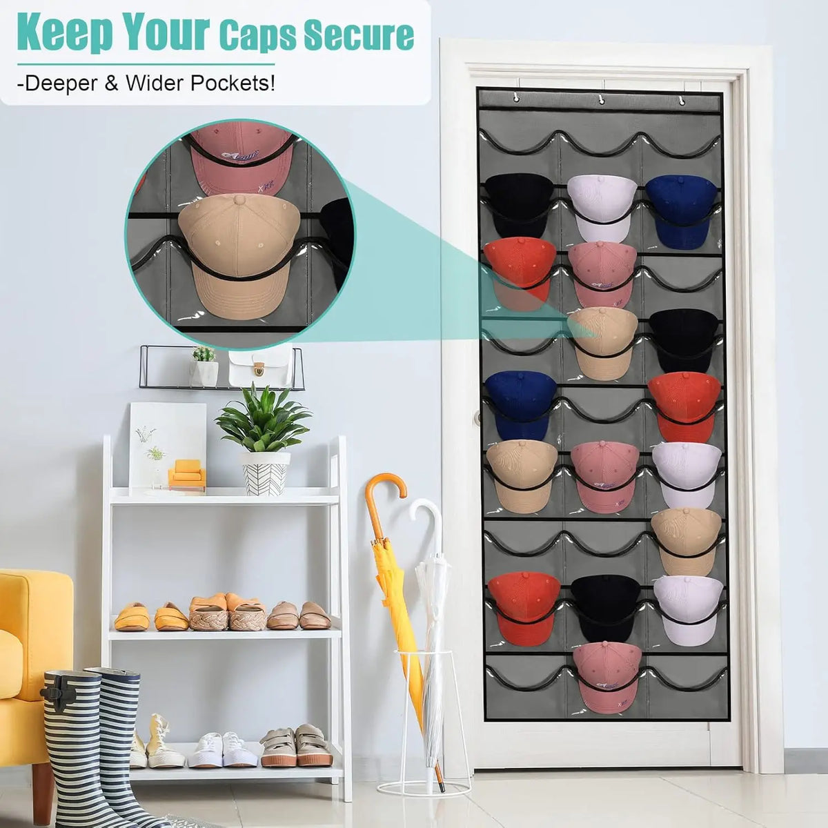 A clear door hat organizer with multiple pockets for keeping caps secure.
