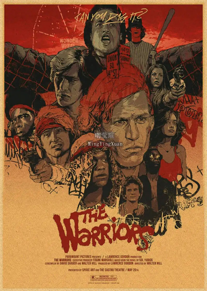 A vintage movie poster for The Warriors featuring a gritty, red and black aesthetic with multiple characters.