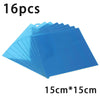 A stack of 16 blue acrylic mirror mosaic tiles, measuring 15cm by 15cm.