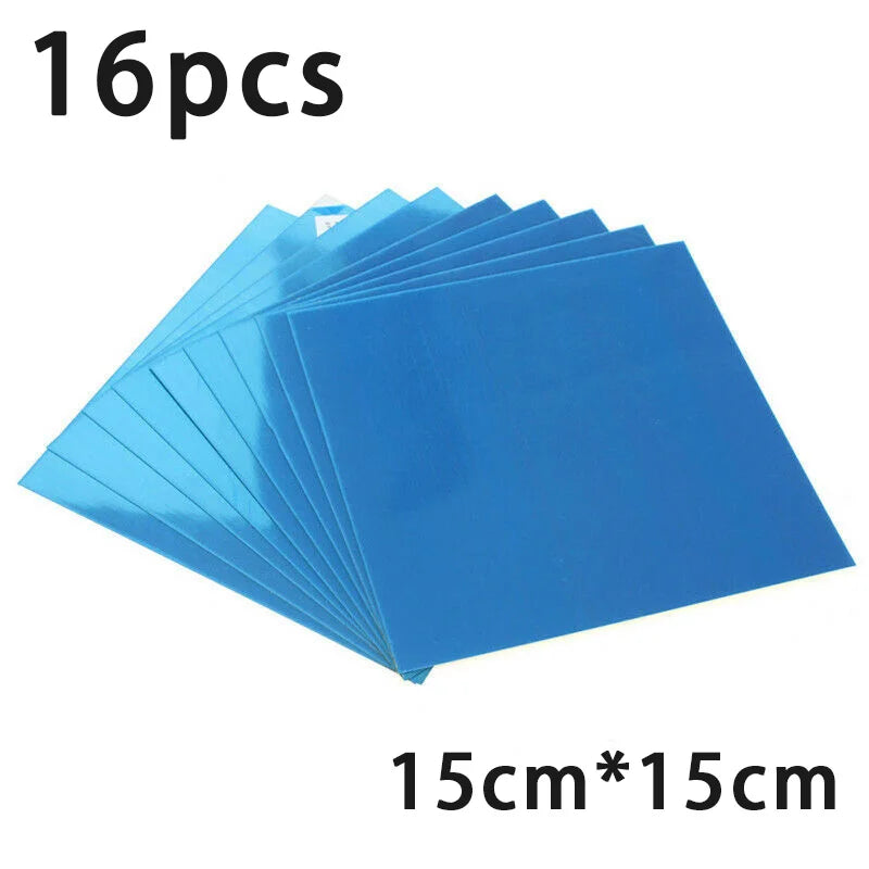 A stack of 16 blue acrylic mirror mosaic tiles, measuring 15cm by 15cm.